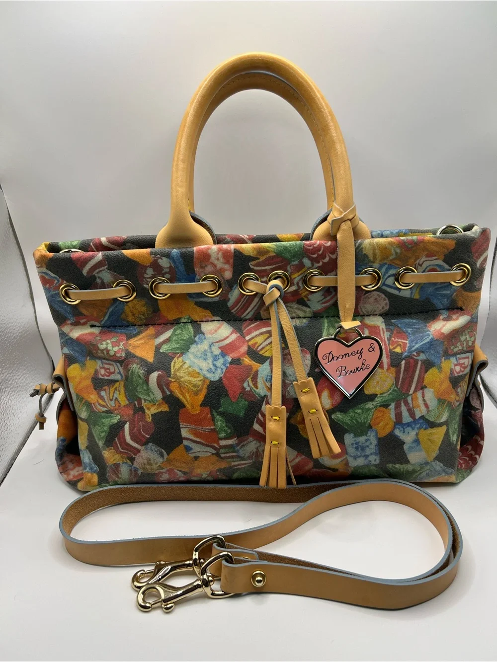 Dooney & Bourke Multicolor Printed Satchel with Tan Leather Trim